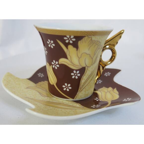 Vintage Porcelain Espresso Turkish Arabic Coffee Cups Saucers Floral Gold Set 4 - Picture 2 of 13